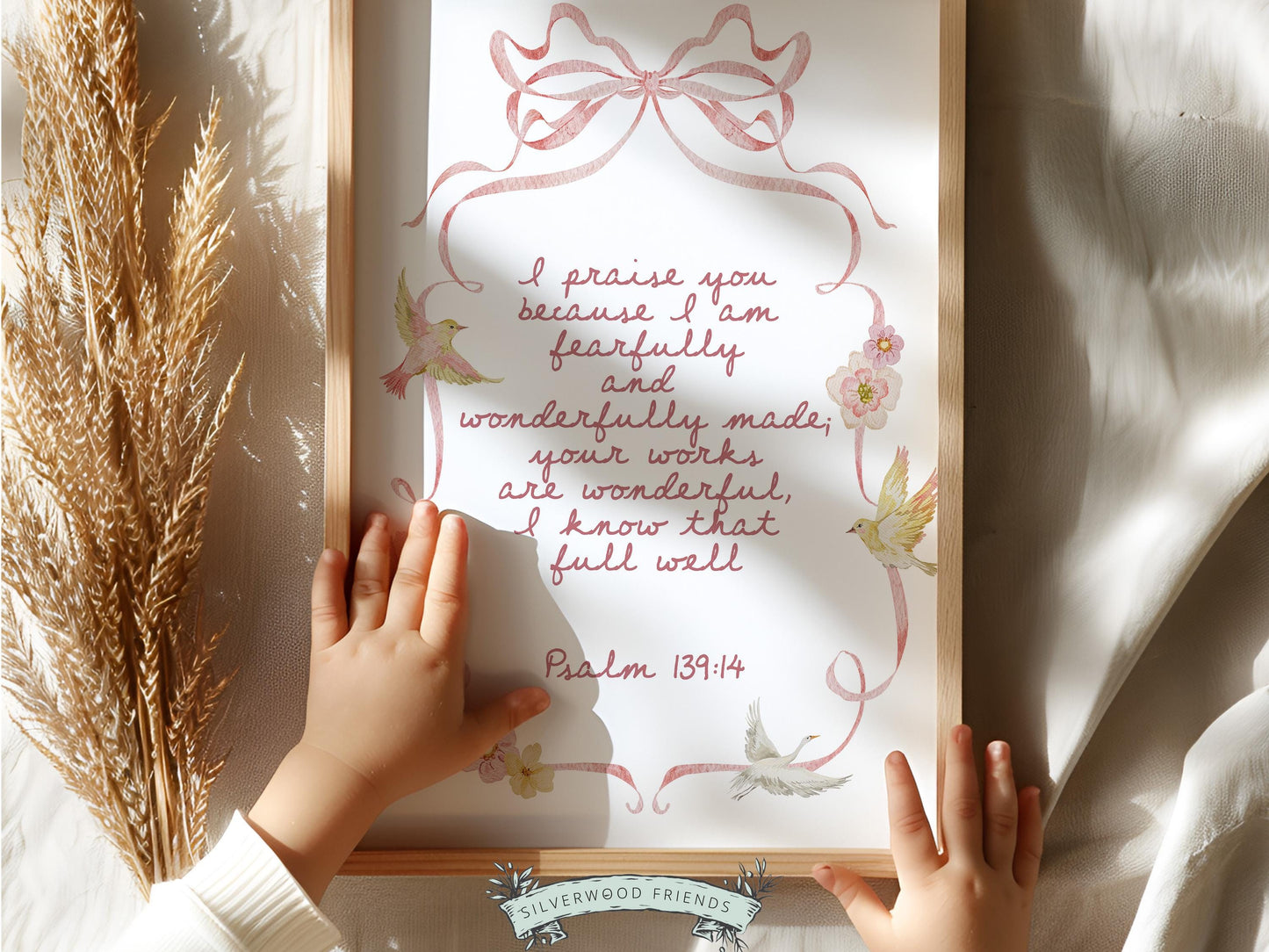 Psalm 139:14 Nursery Wall Art, Fearfully Wonderfully Made Bible Verse Print, Baby Girl Pretty Floral Goose Christian Nursery Decor (DIGITAL)