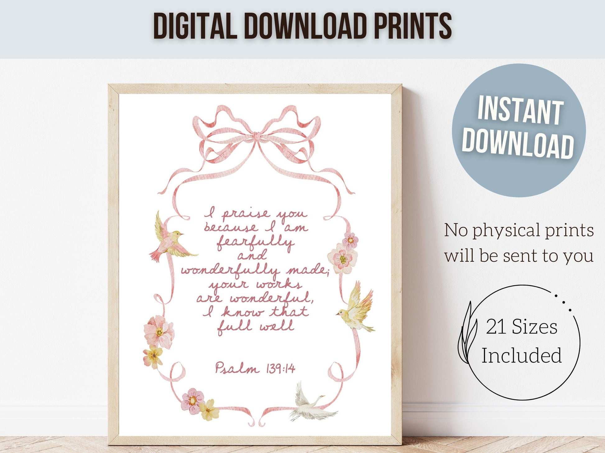 Psalm 139:14 Nursery Wall Art, Fearfully Wonderfully Made Bible Verse Print, Baby Girl Pretty Floral Goose Christian Nursery Decor (DIGITAL)