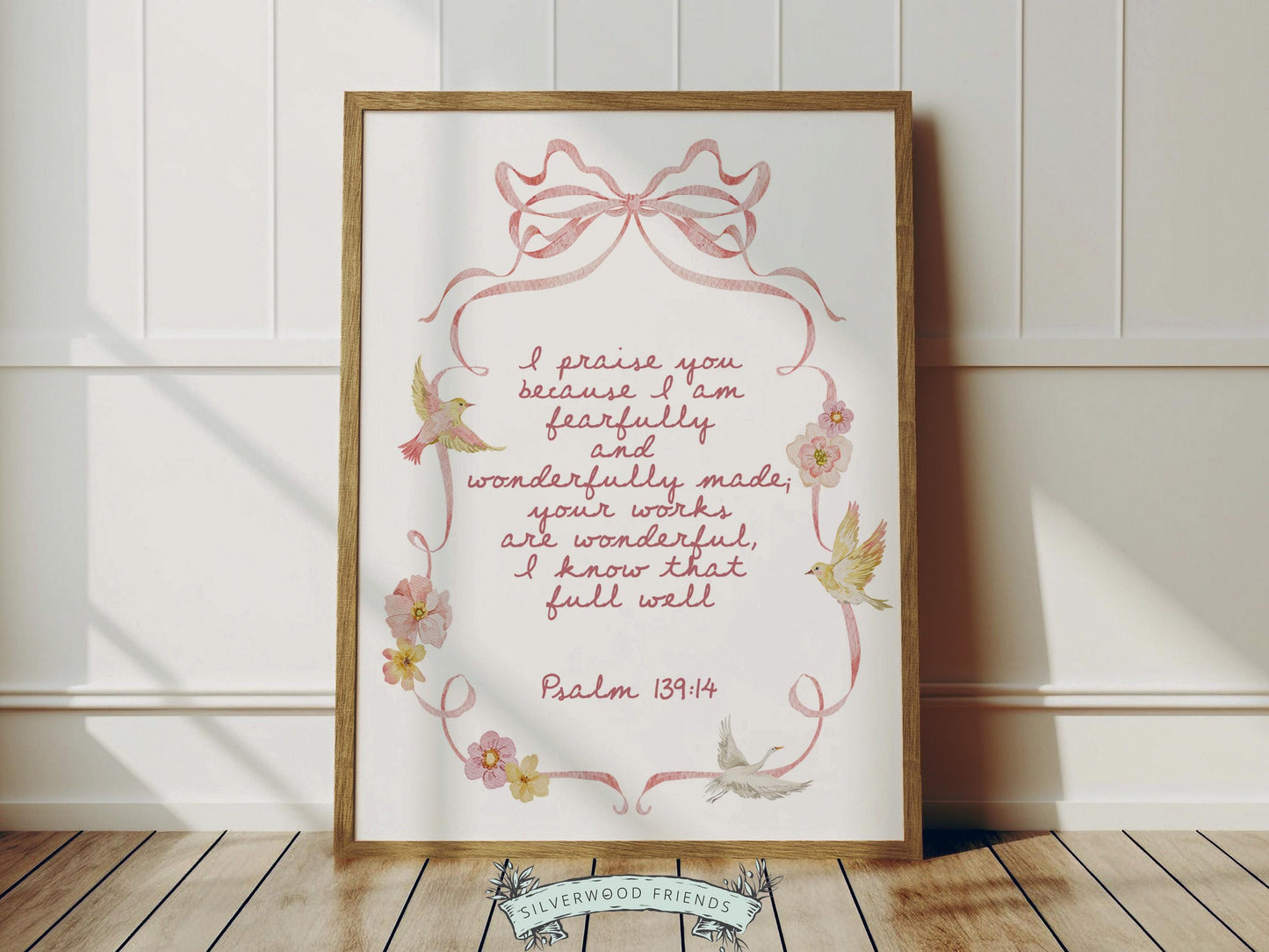 Psalm 139:14 Nursery Wall Art, Fearfully Wonderfully Made Bible Verse Print, Baby Girl Pretty Floral Goose Christian Nursery Decor (DIGITAL)