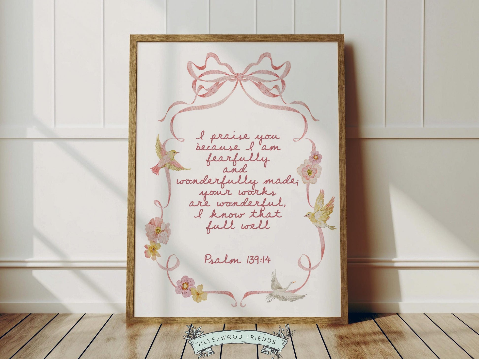 Psalm 139:14 Nursery Wall Art, Fearfully Wonderfully Made Bible Verse Print, Baby Girl Pretty Floral Goose Christian Nursery Decor (DIGITAL)