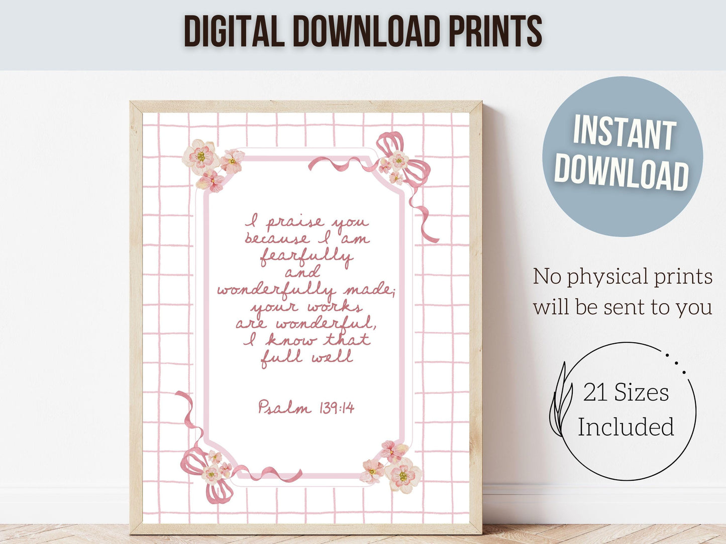 Psalm 139:14 Nursery Wall Art, Fearfully and Wonderfully Made Bible Verse Print, Baby Girl Floral Christian Nursery Decor, Digital Download