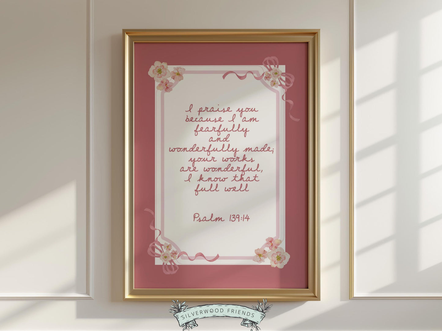 Psalm 139:14 Nursery Wall Art, Fearfully Wonderfully Made Bible Verse Print, Baby Girl Pink Floral Christian Nursery Decor Gift (DIGITAL)