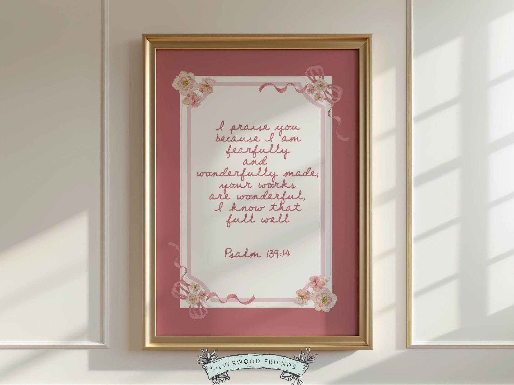 Psalm 139:14 Nursery Wall Art, Fearfully Wonderfully Made Bible Verse Print, Baby Girl Pink Floral Christian Nursery Decor Gift (DIGITAL)
