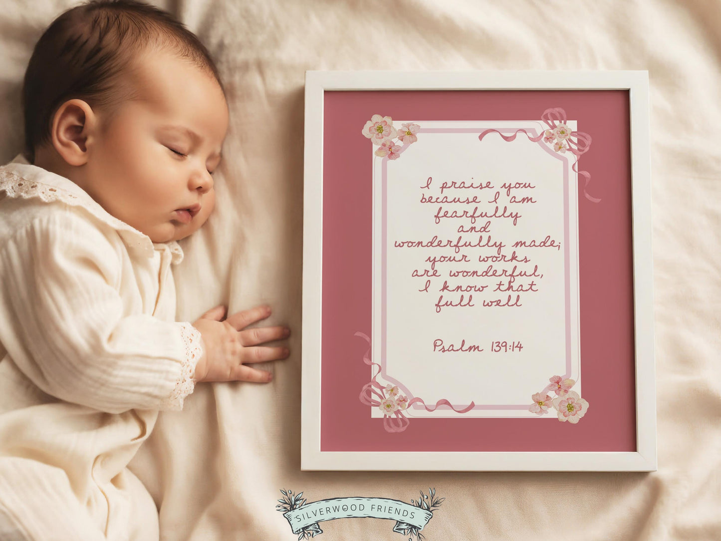 Psalm 139:14 Nursery Wall Art, Fearfully Wonderfully Made Bible Verse Print, Baby Girl Pink Floral Christian Nursery Decor Gift (DIGITAL)