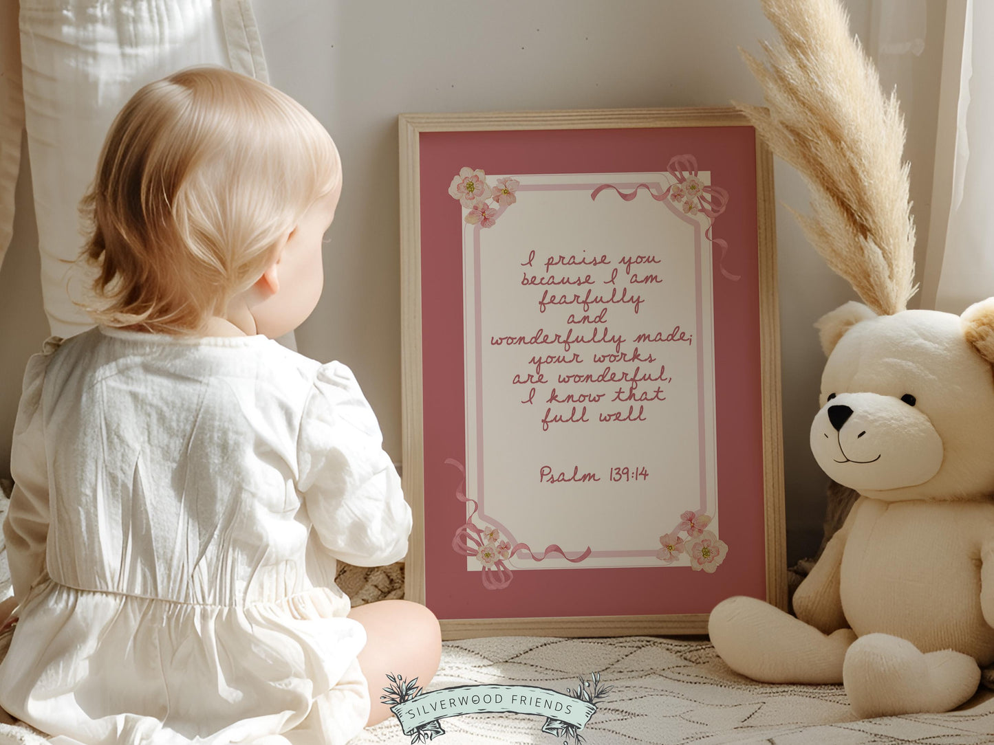 Psalm 139:14 Nursery Wall Art, Fearfully Wonderfully Made Bible Verse Print, Baby Girl Pink Floral Christian Nursery Decor Gift (DIGITAL)