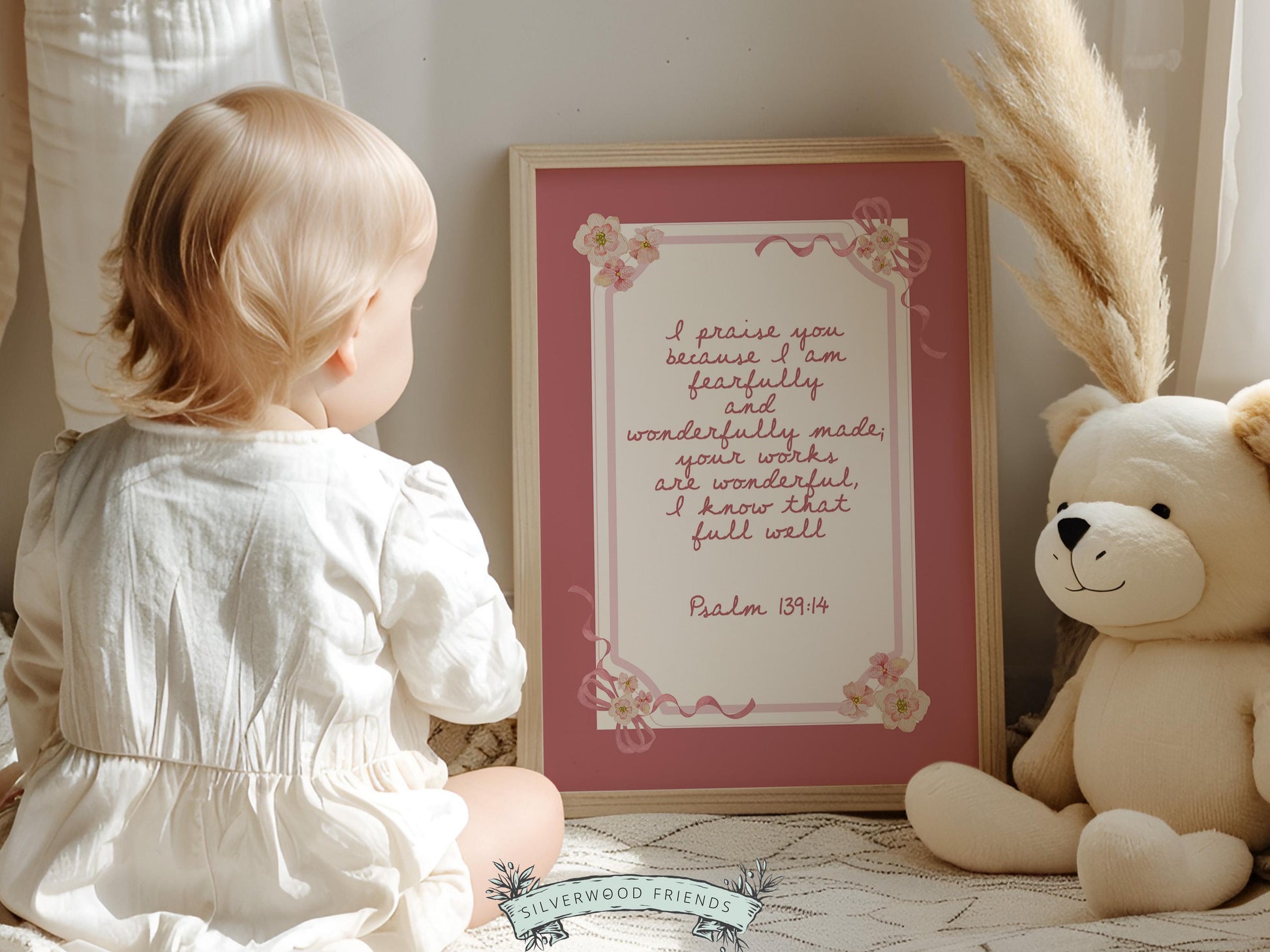 Psalm 139:14 Nursery Wall Art, Fearfully Wonderfully Made Bible Verse Print, Baby Girl Pink Floral Christian Nursery Decor Gift (DIGITAL)
