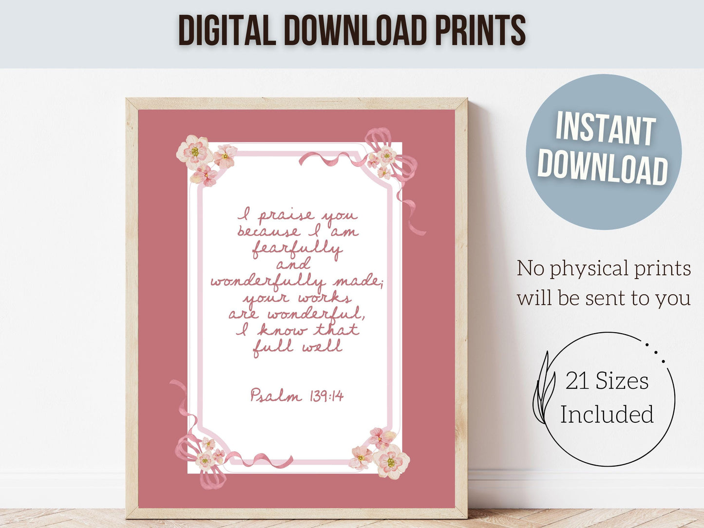 Psalm 139:14 Nursery Wall Art, Fearfully Wonderfully Made Bible Verse Print, Baby Girl Pink Floral Christian Nursery Decor Gift (DIGITAL)