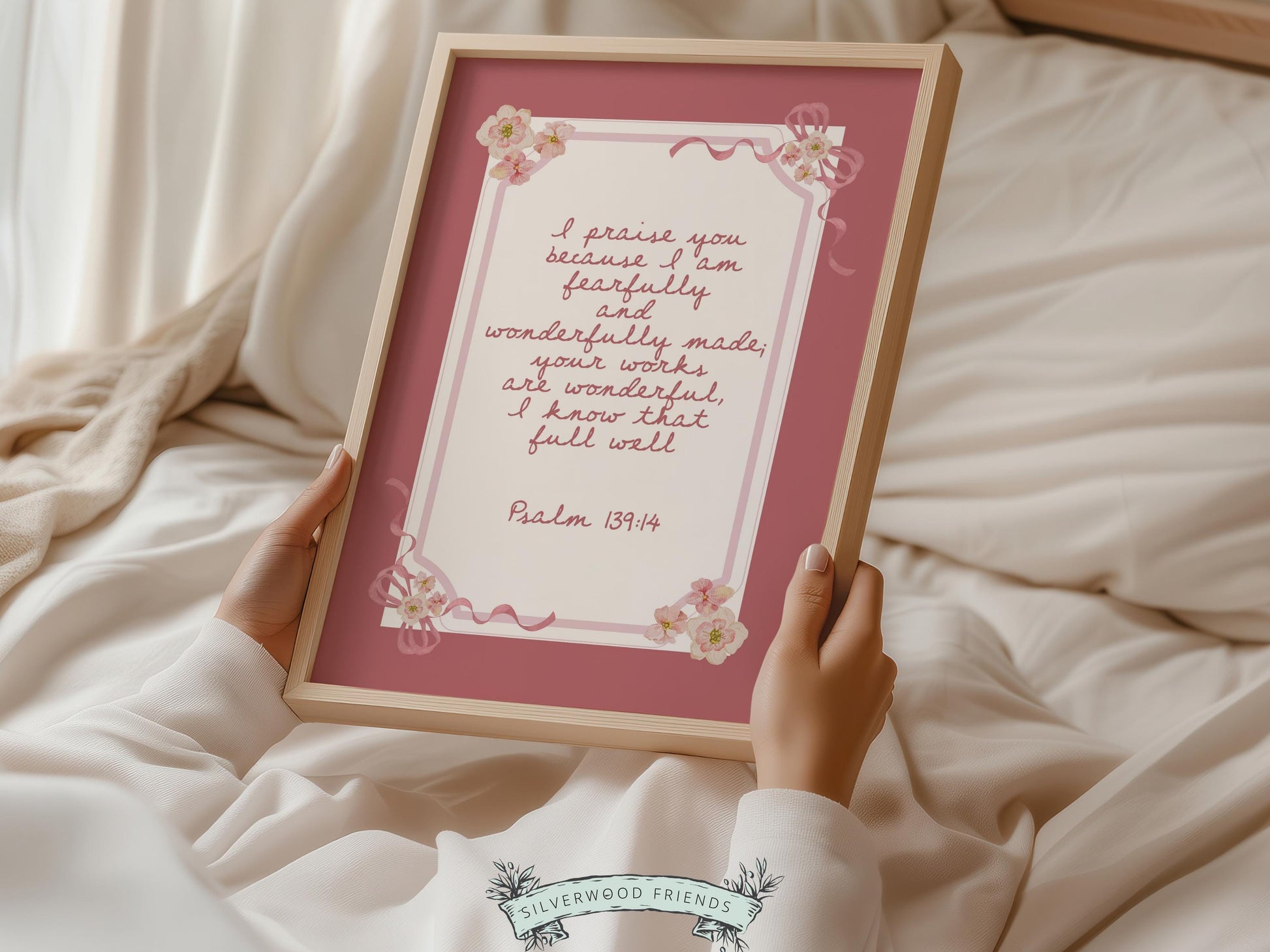Psalm 139:14 Nursery Wall Art, Fearfully Wonderfully Made Bible Verse Print, Baby Girl Pink Floral Christian Nursery Decor Gift (DIGITAL)