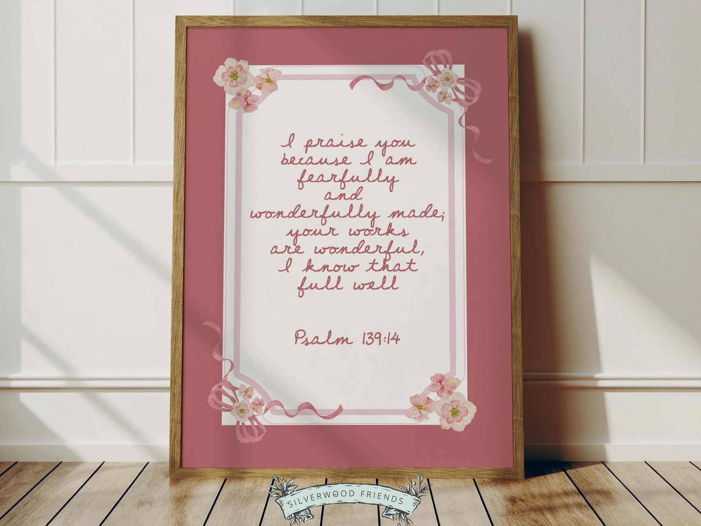 Create a peaceful and faith-filled space with this Psalm 139:14 nursery wall art, featuring the beloved “Fearfully and Wonderfully Made” Bible verse in soft pink lettering set against a gorgeous pink background adorned with delicate bows and soft pink and yellow watercolor wildflowers. This beautiful Christian nursery print is a meaningful reminder that every child is wonderfully made and deeply loved by God.
