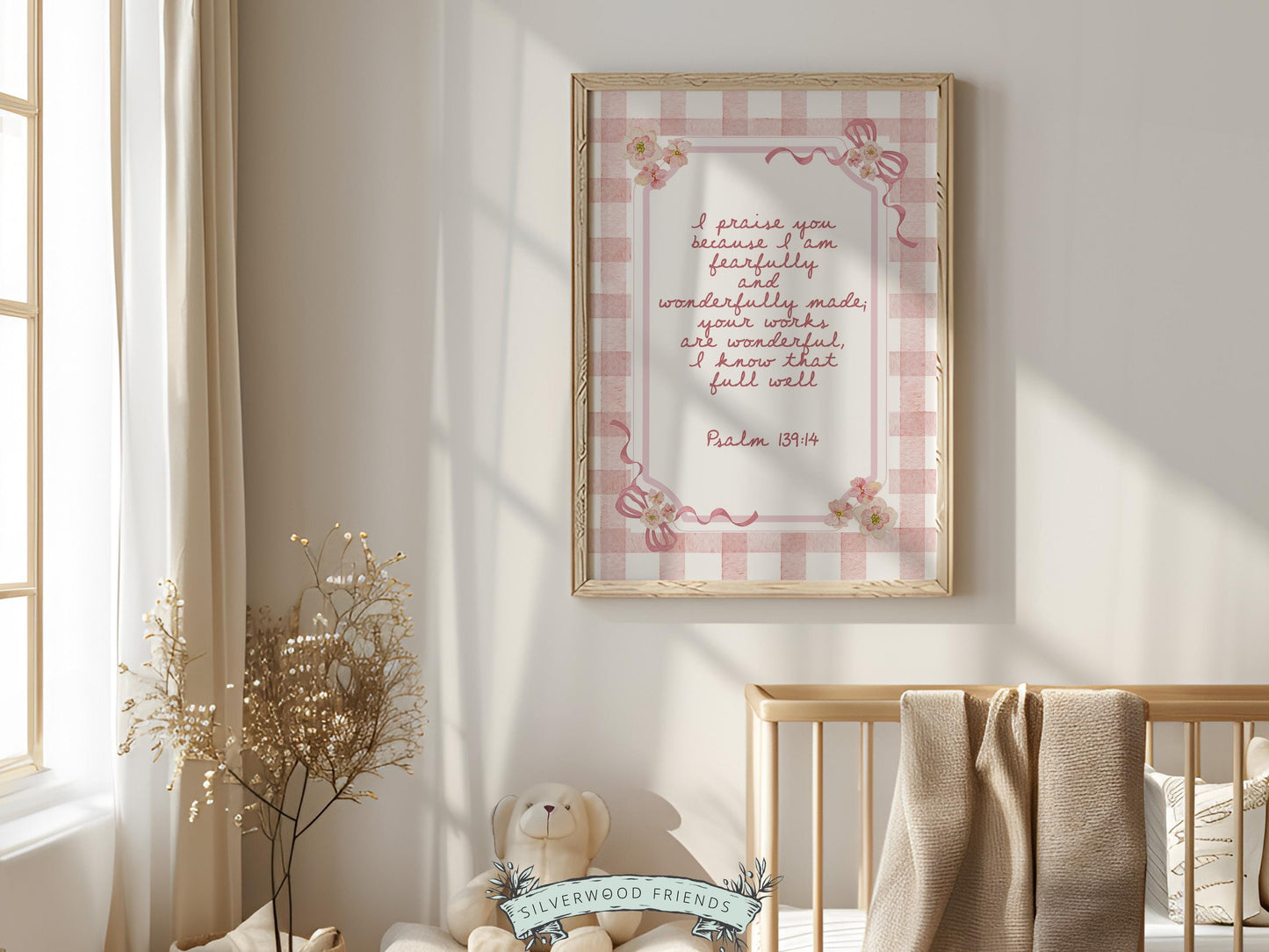 Psalm 139:14 Nursery Wall Art, Fearfully Wonderfully Made Bible Verse Print, Baby Girl Pink Check Floral Christian Nursery Decor (DIGITAL)