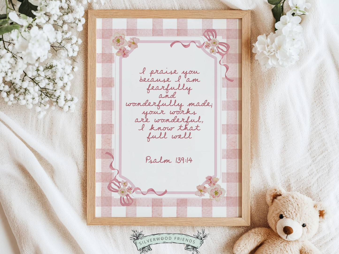 Psalm 139:14 Nursery Wall Art, Fearfully Wonderfully Made Bible Verse Print, Baby Girl Pink Check Floral Christian Nursery Decor (DIGITAL)