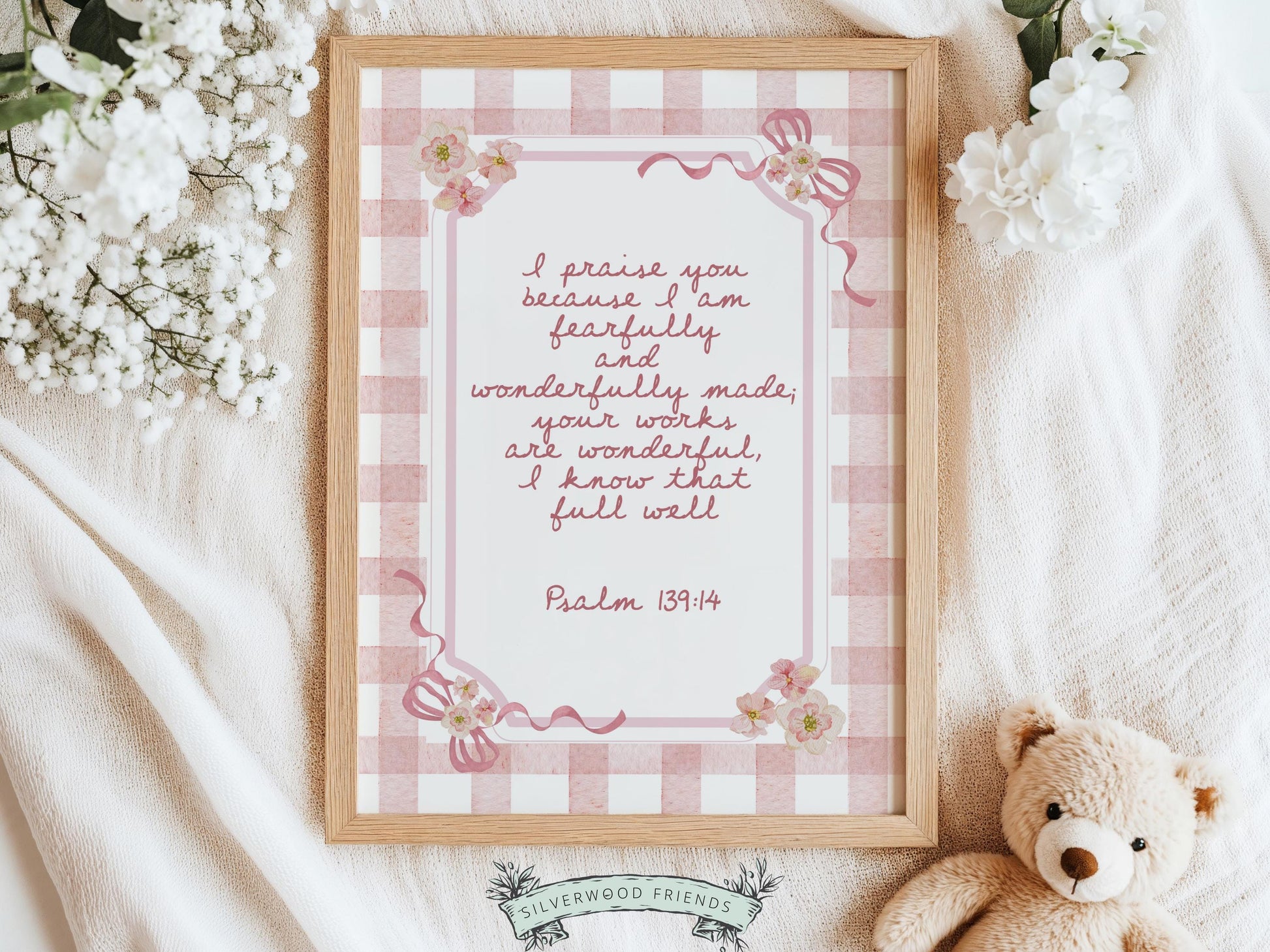 Psalm 139:14 Nursery Wall Art, Fearfully Wonderfully Made Bible Verse Print, Baby Girl Pink Check Floral Christian Nursery Decor (DIGITAL)