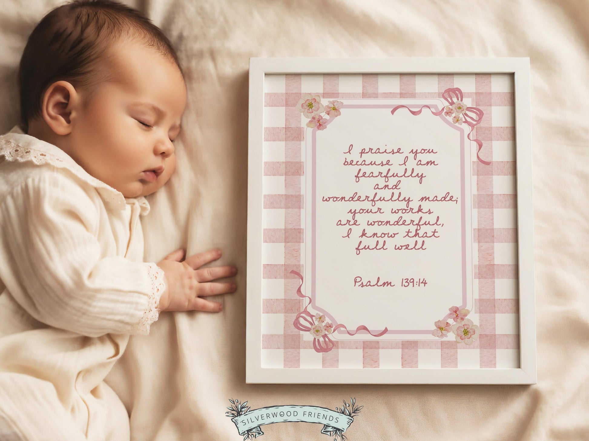 Psalm 139:14 Nursery Wall Art, Fearfully Wonderfully Made Bible Verse Print, Baby Girl Pink Check Floral Christian Nursery Decor (DIGITAL)