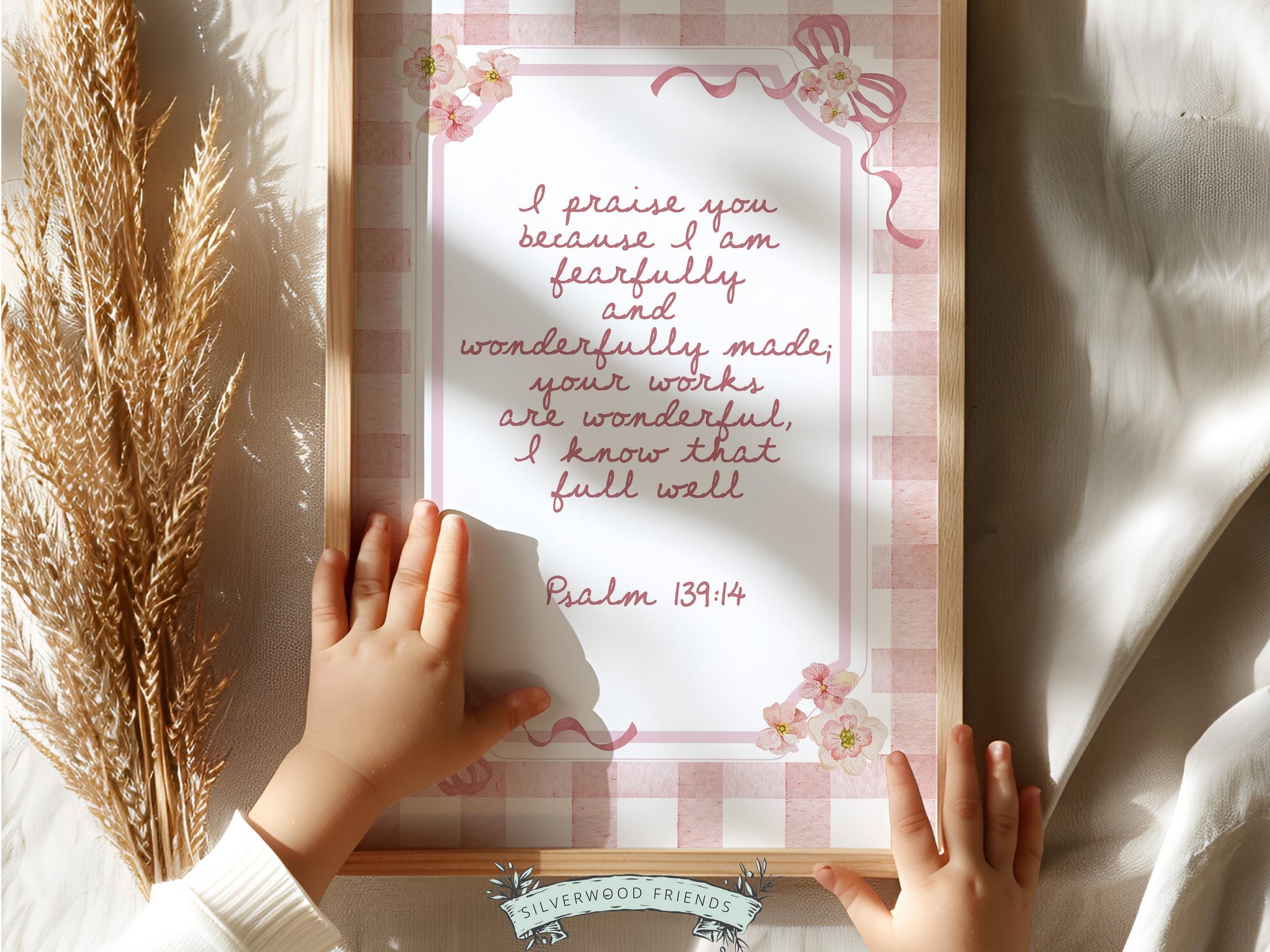 Psalm 139:14 Nursery Wall Art, Fearfully Wonderfully Made Bible Verse Print, Baby Girl Pink Check Floral Christian Nursery Decor (DIGITAL)