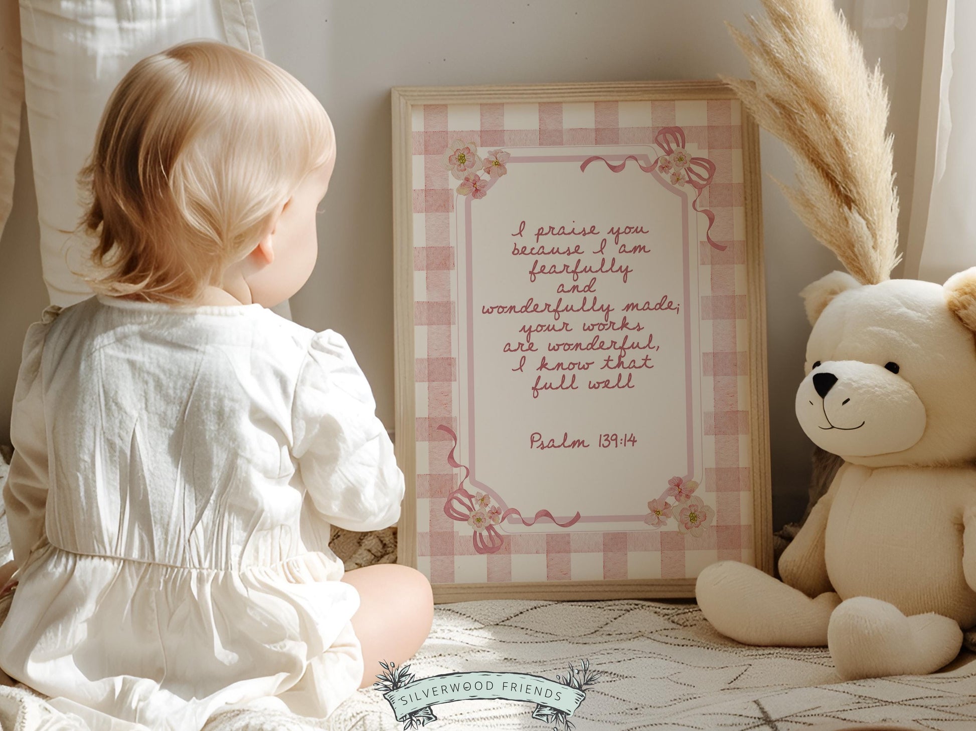 Psalm 139:14 Nursery Wall Art, Fearfully Wonderfully Made Bible Verse Print, Baby Girl Pink Check Floral Christian Nursery Decor (DIGITAL)