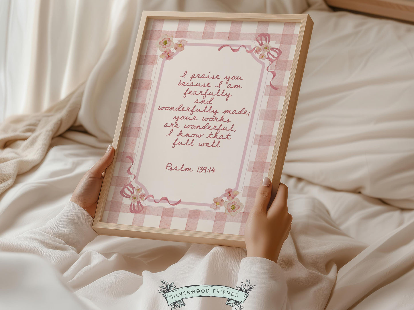 Psalm 139:14 Nursery Wall Art, Fearfully Wonderfully Made Bible Verse Print, Baby Girl Pink Check Floral Christian Nursery Decor (DIGITAL)