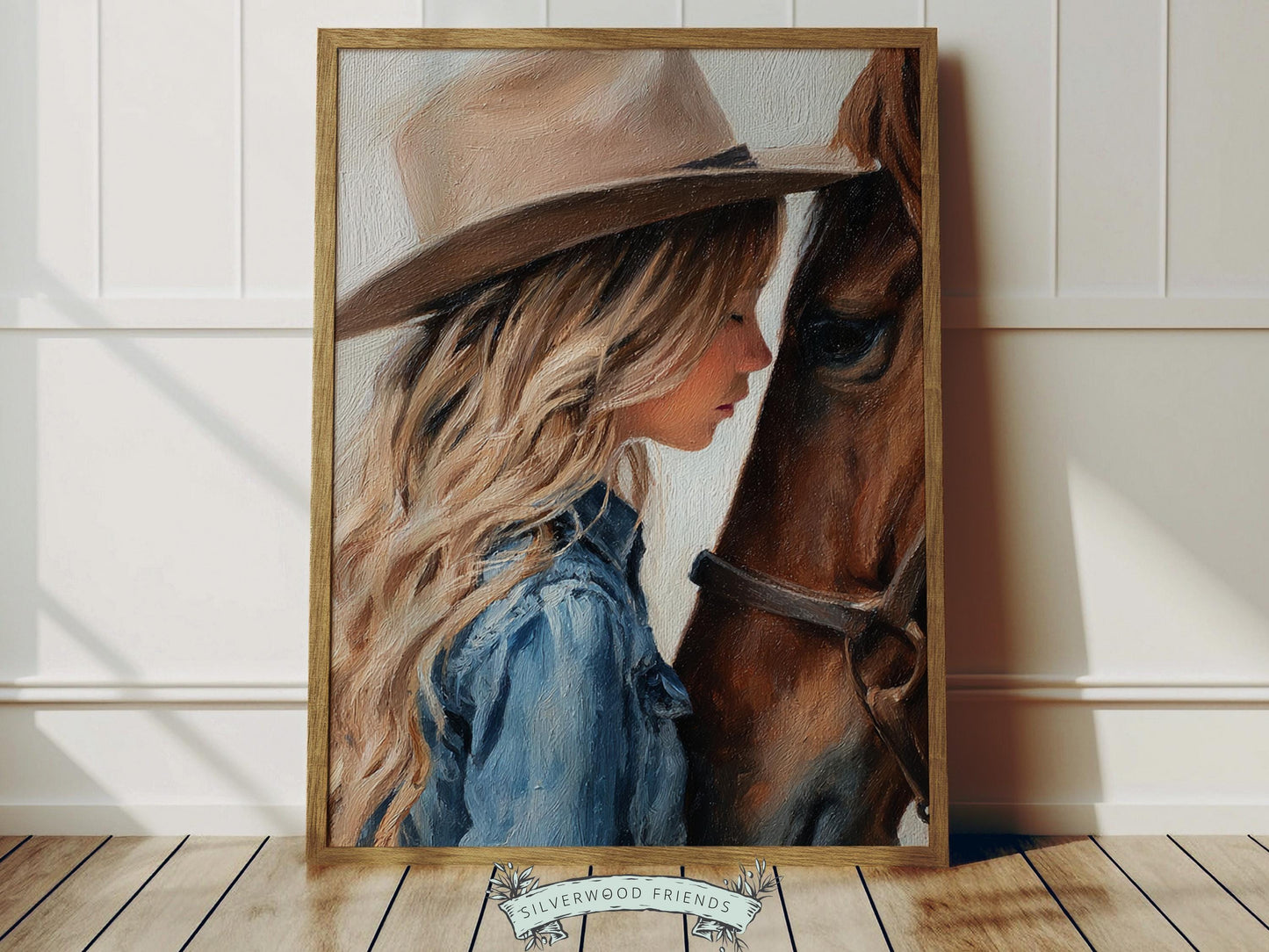 Create a calm and heartfelt space with this western cowgirl wall art print, featuring a gentle moment between a young cowgirl and her horse, illustrated in a soft oil painting style with warm, rustic tones. This beautiful artwork captures connection, strength, and quiet grace, making it a timeless piece that brings warmth and character to any room.