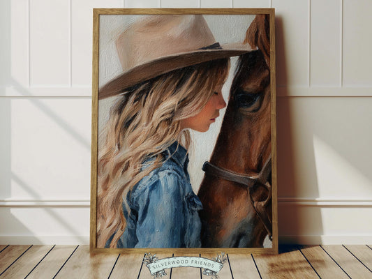 Create a calm and heartfelt space with this western cowgirl wall art print, featuring a gentle moment between a young cowgirl and her horse, illustrated in a soft oil painting style with warm, rustic tones. This beautiful artwork captures connection, strength, and quiet grace, making it a timeless piece that brings warmth and character to any room.