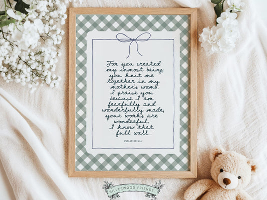 Christian Wall Art, Bible Verse Nursery Print, Christian Faith Nursery Decor, Scripture Nursery Wall Art, Psalm 139:13-14 (Digital Download)