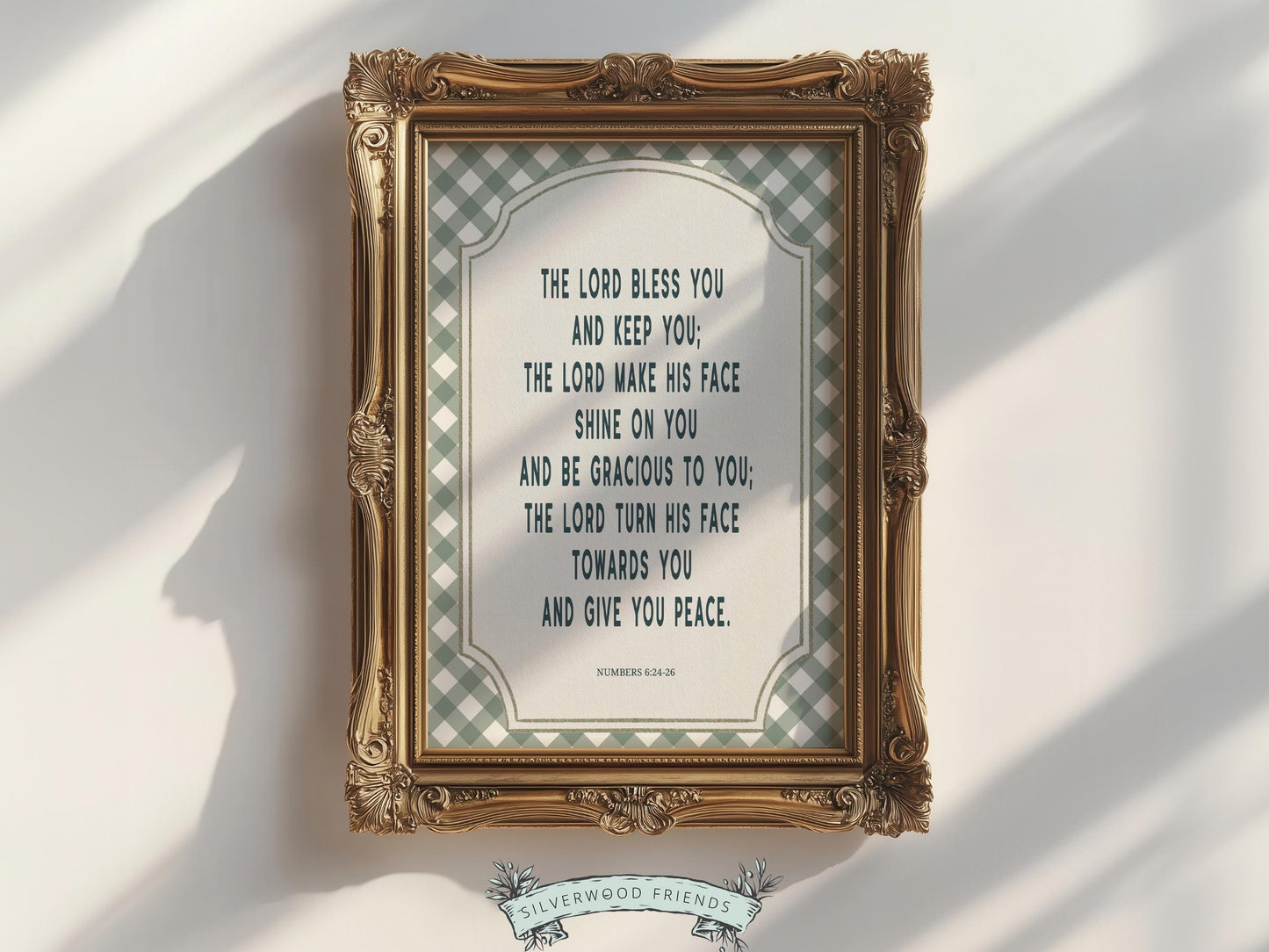 Invite peace and blessing into your home with this Numbers 6:24–26 Bible verse print, featuring the timeless Aaronic Blessing, “The Lord bless you and keep you,” in a soft farmhouse-inspired design with classic gingham accents. This instantly downloadable artwork is perfect for nurseries, bedrooms, or living spaces, and makes a meaningful gift for baby dedications, baptisms, housewarmings, or special occasions, offering a daily reminder of God’s love, protection, and peace.