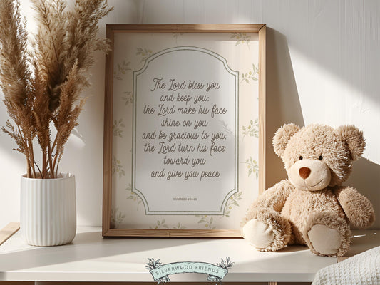 Invite peace and blessing into your home with this Numbers 6:24–26 Bible verse print, featuring the timeless Aaronic Blessing, “The Lord bless you and keep you,” set against a sage green farmhouse leaf wallpaper background for a soft, timeless look. This instantly downloadable artwork is perfect for nurseries, bedrooms, or living spaces, and makes a meaningful gift for baby dedications, baptisms, housewarmings, or special occasions, offering a daily reminder of God’s love, protection, and peace.