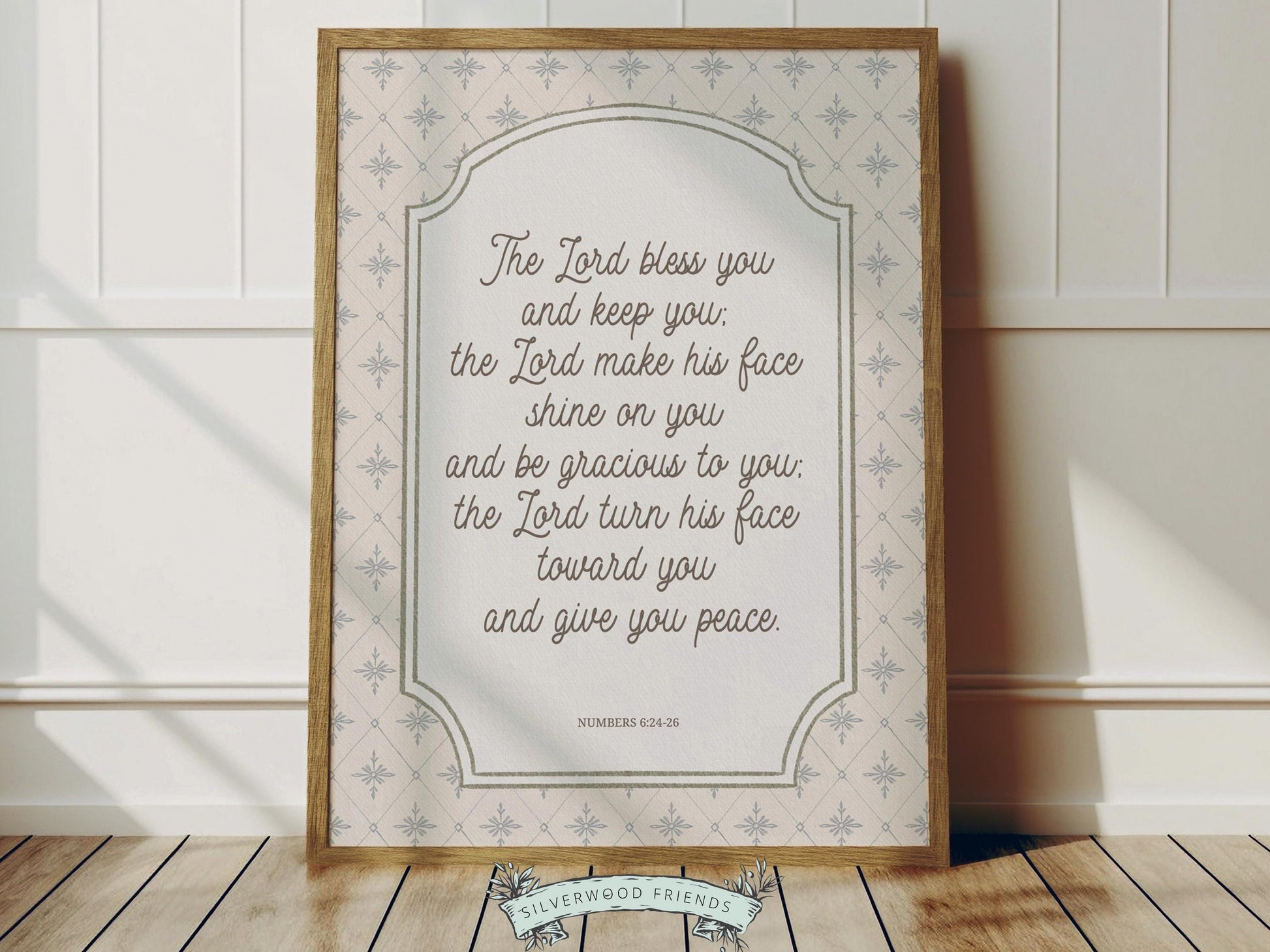 Invite peace and blessing into your home with this Numbers 6:24–26 Bible verse print, featuring the timeless Aaronic Blessing, “The Lord bless you and keep you,” set against a pale blue diamond farmhouse leaf wallpaper background for a soft, timeless look. Perfect for nurseries, bedrooms, or living spaces, and makes a meaningful gift for baby dedications, baptisms, housewarmings, or special occasions, offering a daily reminder of God’s love, protection, and peace.
