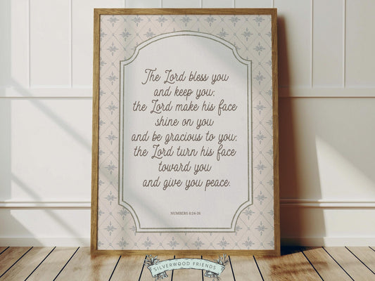 Invite peace and blessing into your home with this Numbers 6:24–26 Bible verse print, featuring the timeless Aaronic Blessing, “The Lord bless you and keep you,” set against a pale blue diamond farmhouse leaf wallpaper background for a soft, timeless look. Perfect for nurseries, bedrooms, or living spaces, and makes a meaningful gift for baby dedications, baptisms, housewarmings, or special occasions, offering a daily reminder of God’s love, protection, and peace.