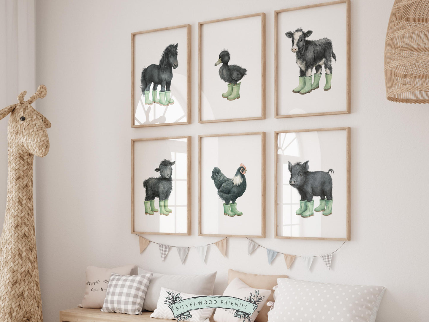 Add a splash of rustic charm and playful whimsy to your space with our adorable set of 6 baby farm animal nursery prints! Featuring sweet watercolor animals— horse, duck, cow, lamb, chicken, piglet —all in sage green rain boots. This versatile collection is perfect for nursery decor, farmhouse mudroom wall art, and makes an irresistibly cute gender-neutral farm baby shower gift. 🐮🐥🐴🌿