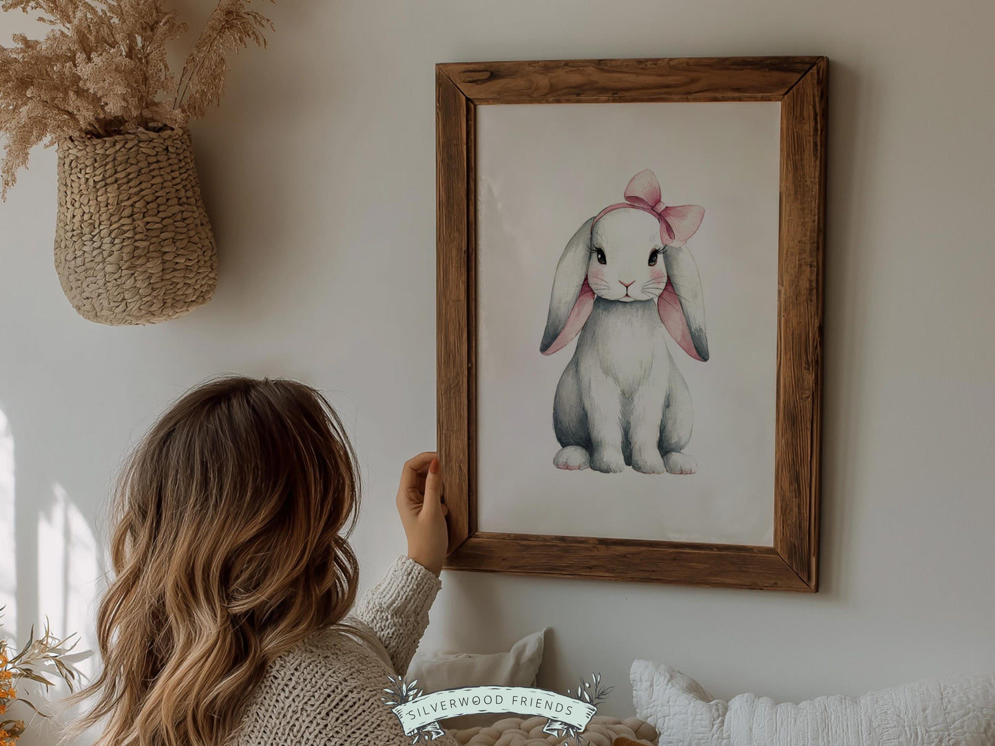 Baby Girls Bunny Nursery Prints, Baby Girl Woodland Bunny Nursery Decor, Nursery Wall Art, Easter Decor Poster, Spring Artwork Digital Print