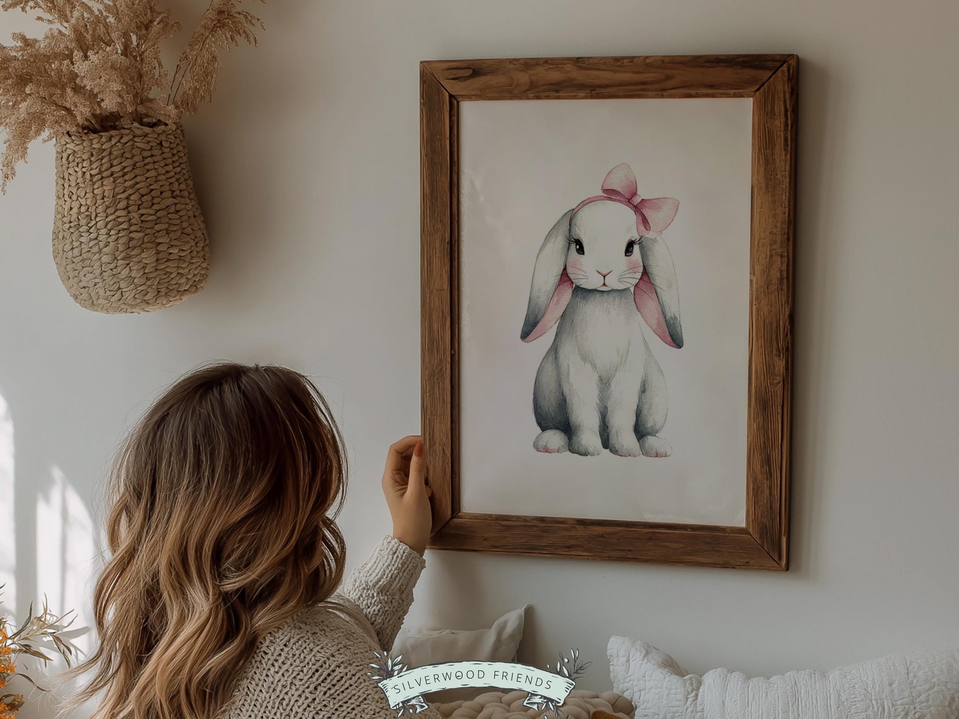 Baby Girls Bunny Nursery Prints, Baby Girl Woodland Bunny Nursery Decor, Nursery Wall Art, Easter Decor Poster, Spring Artwork Digital Print