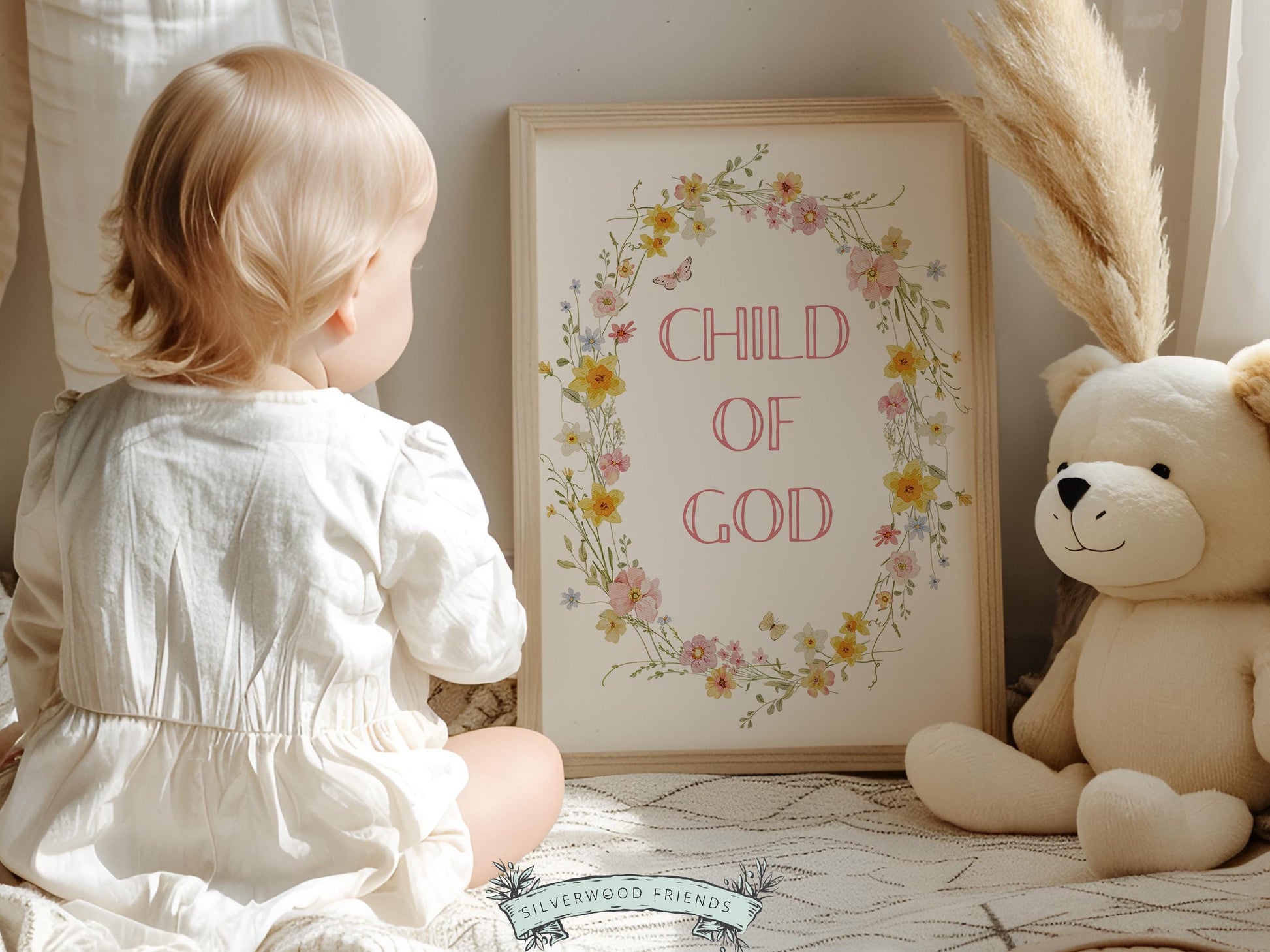Child of God Floral Nursery Print, Baby Girl Christian Wildflower Nursery Wall Art, Christian Faith Scripture Wall Decor (Digital Download)