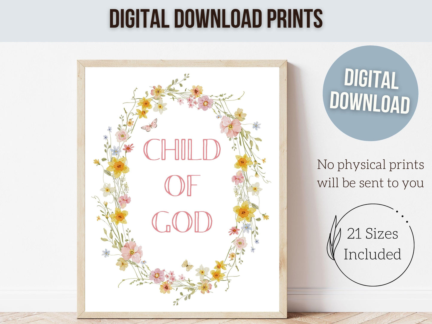 Child of God Floral Nursery Print, Baby Girl Christian Wildflower Nursery Wall Art, Christian Faith Scripture Wall Decor (Digital Download)
