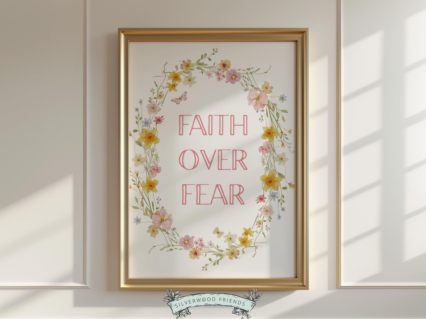 Invite peace and encouragement into your home with this “Faith Over Fear” Christian wall art print, featuring a delicate watercolor floral wreath with soft pastel blooms and gentle botanical details in a light, airy style. This instantly downloadable artwork brings a sweet, uplifting reminder of God’s goodness to any nursery, bedroom, or living space, making it a thoughtful gift for special occasions and everyday inspiration.