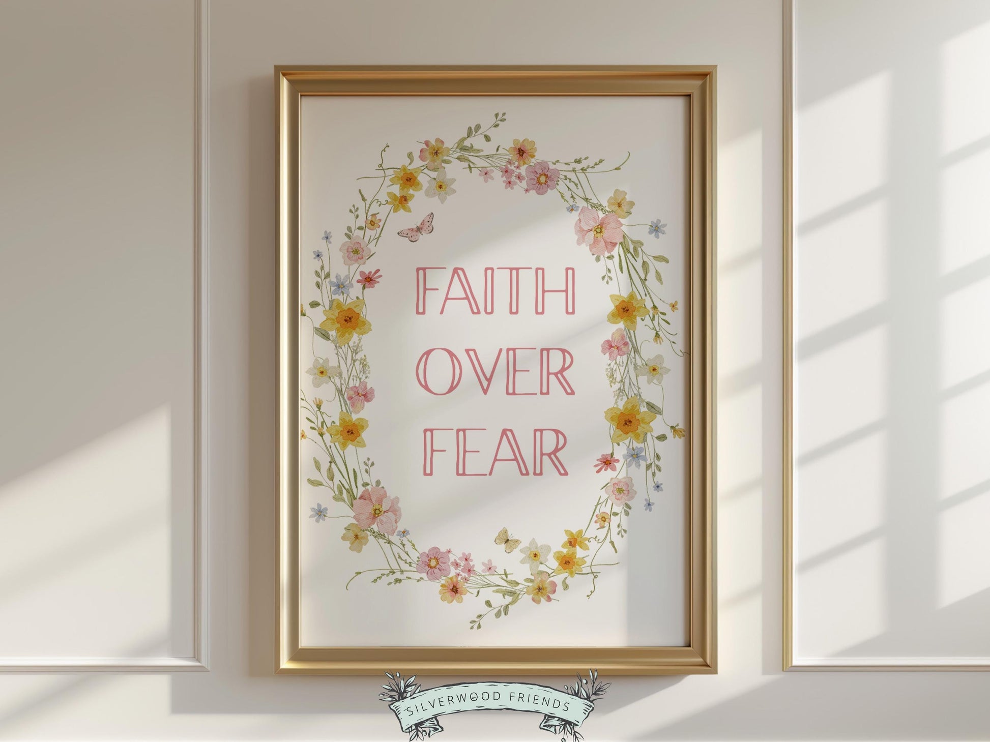 Invite peace and encouragement into your home with this “Faith Over Fear” Christian wall art print, featuring a delicate watercolor floral wreath with soft pastel blooms and gentle botanical details in a light, airy style. This instantly downloadable artwork brings a sweet, uplifting reminder of God’s goodness to any nursery, bedroom, or living space, making it a thoughtful gift for special occasions and everyday inspiration.