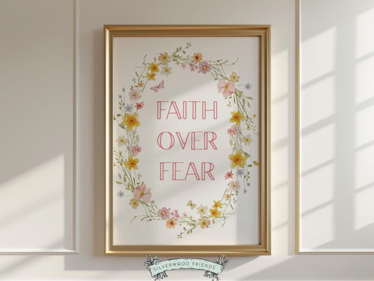 Invite peace and encouragement into your home with this “Faith Over Fear” Christian wall art print, featuring a delicate watercolor floral wreath with soft pastel blooms and gentle botanical details in a light, airy style. This instantly downloadable artwork brings a sweet, uplifting reminder of God’s goodness to any nursery, bedroom, or living space, making it a thoughtful gift for special occasions and everyday inspiration.