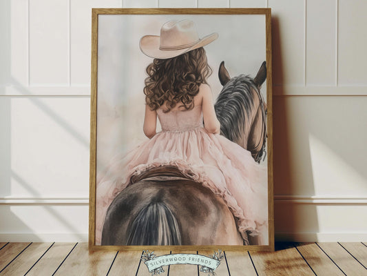 Immerse yourself in the timeless bond between cowgirl and horse with our enchanting watercolor print, depicting a cowgirl riding away on her beloved brown horse.
