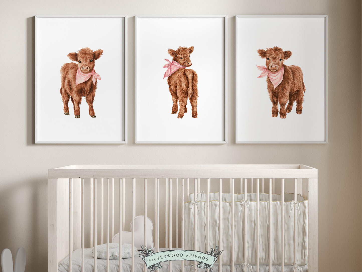 Pink Highland Cow Nursery Prints, Baby Girl Highland Cow Nursery Decor, Cow Baby Shower Gift, Baby Farm Animal Nursery (DIGITAL DOWNLOAD)