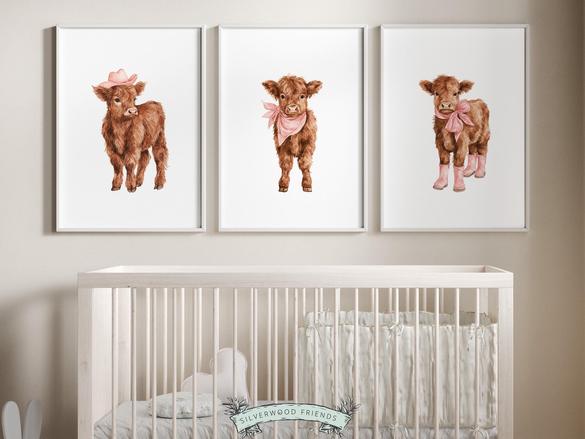 Pink Highland Cow Nursery Prints, Baby Girl Highland Cow Western Nursery Decor, Baby Farm Animal Country Nursery Prints (DIGITAL DOWNLOAD)