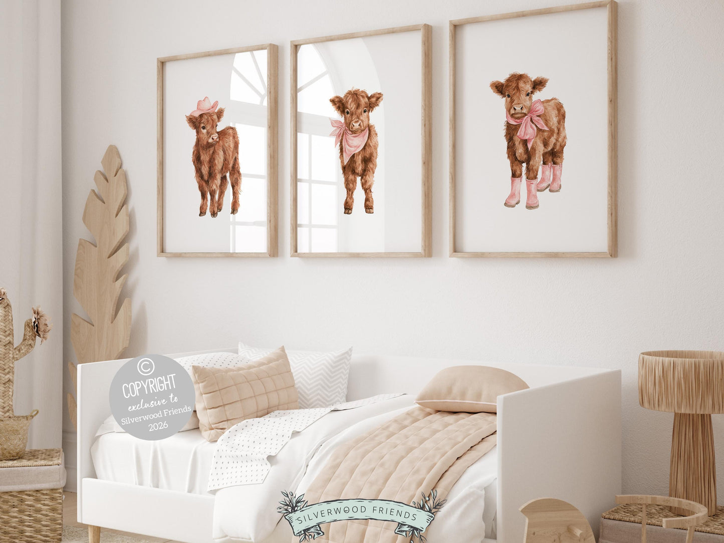 Our charming Highland Cow Prints feature adorable watercolor baby highland cows styled with pink bandanas, cowboy hats, bows, and rain boots, blending rustic farmhouse charm with a sweet, whimsical touch. Designed for versatility, these prints are perfect for nursery decor or farmhouse spaces like a mudroom, and make a beautiful and unique baby girl farm baby shower gift.
