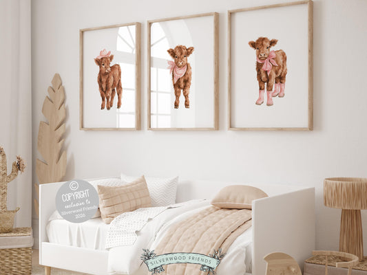 Our charming Highland Cow Prints feature adorable watercolor baby highland cows styled with pink bandanas, cowboy hats, bows, and rain boots, blending rustic farmhouse charm with a sweet, whimsical touch. Designed for versatility, these prints are perfect for nursery decor or farmhouse spaces like a mudroom, and make a beautiful and unique baby girl farm baby shower gift.