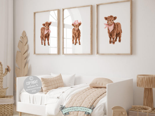Our charming Highland Cow Prints feature adorable watercolor baby highland cows styled with pink bandanas and cowboy hat, blending rustic farmhouse charm with a sweet, whimsical touch. Designed for versatility, these prints are perfect for nursery decor or farmhouse spaces like a mudroom, and make a beautiful and unique baby girl farm baby shower gift.