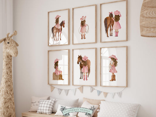 Create a sweet and whimsical space with this western cowgirl nursery wall art set, featuring a collection of beautifully illustrated cowgirl moments in a soft watercolor style with warm, rustic tones and gentle, feminine details. This instantly downloadable set captures charm, imagination, and connection, making it a timeless addition to any nursery, bedroom, or playroom while bringing a soft, storybook feel to your home.