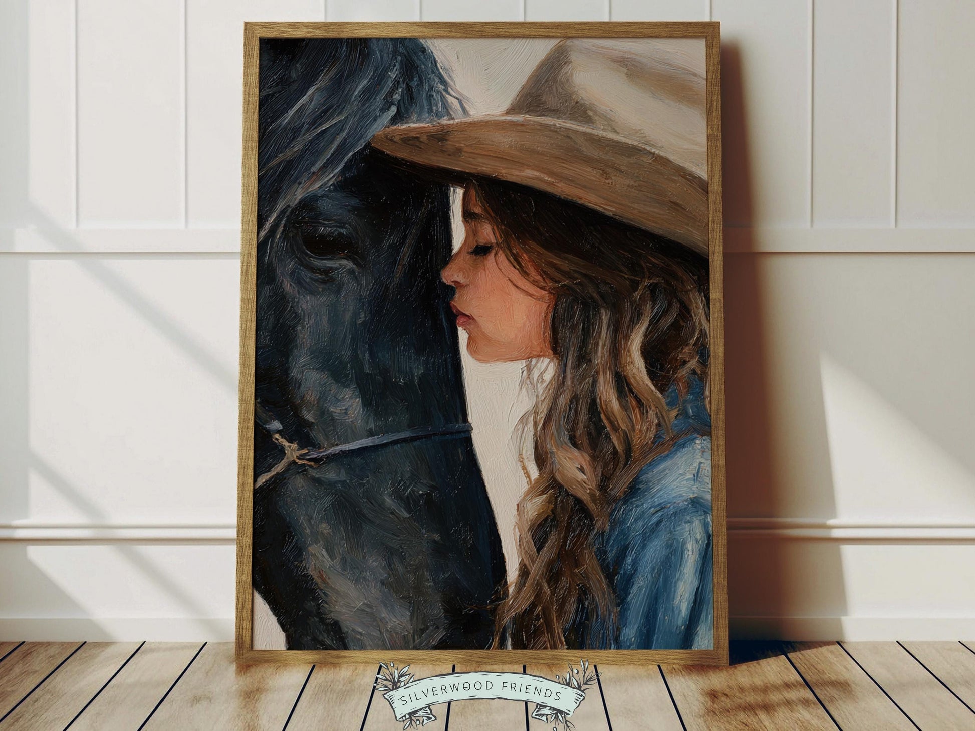 Create a calm and heartfelt space with this western cowgirl wall art print, featuring a gentle moment between a young brown-haired cowgirl and her black horse, illustrated in a soft oil painting style with warm, rustic tones. This beautiful artwork captures connection, strength, and quiet grace, making it a timeless piece that brings warmth and character to any room.