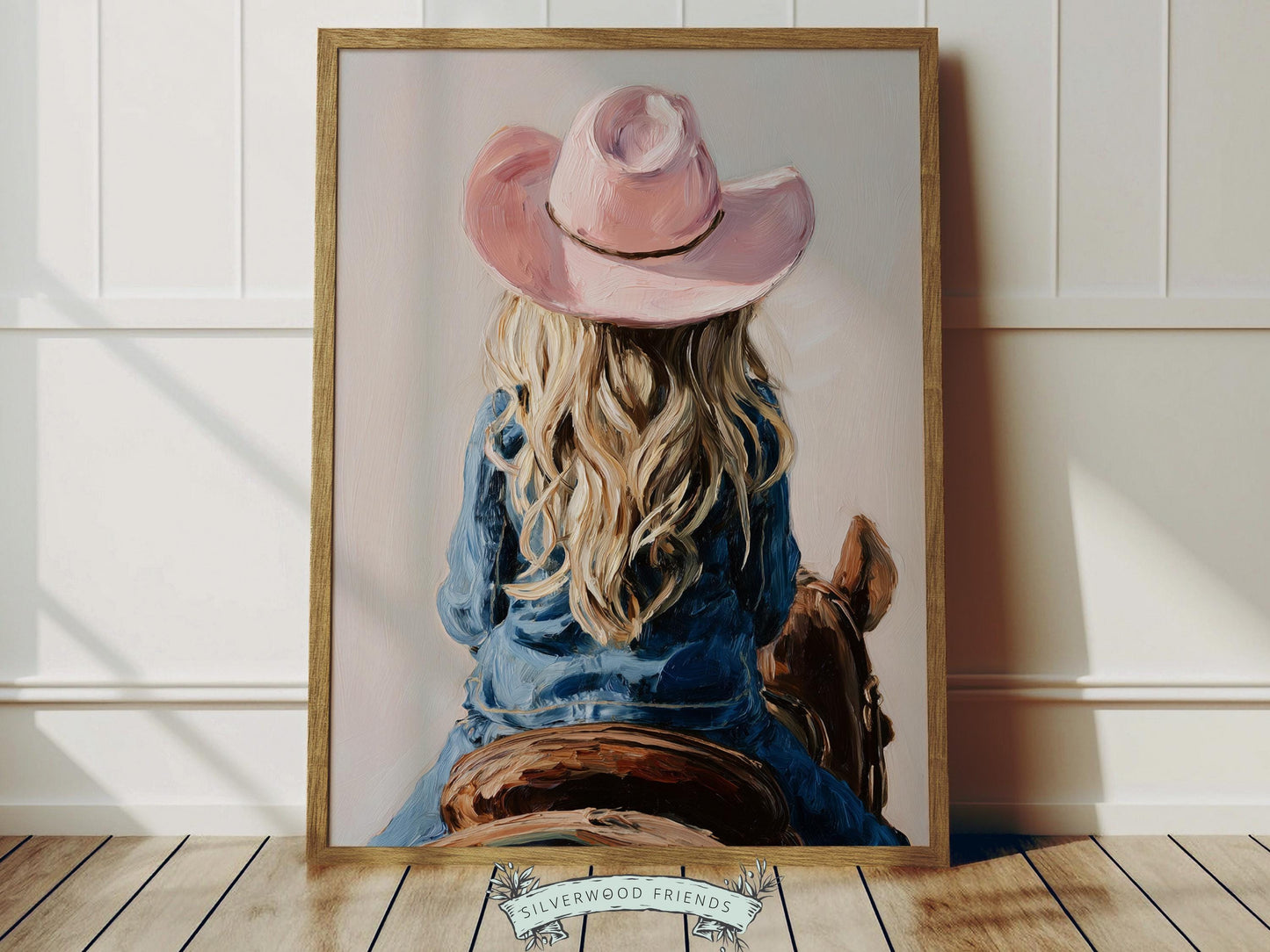 Create a calm and heartfelt space with this western cowgirl wall art print, featuring a gentle moment between a young blonde cowgirl riding her brown horse, illustrated in a soft oil painting style with warm, rustic tones. This beautiful artwork captures connection, strength, and quiet grace, making it a timeless piece that brings warmth and character to any room.