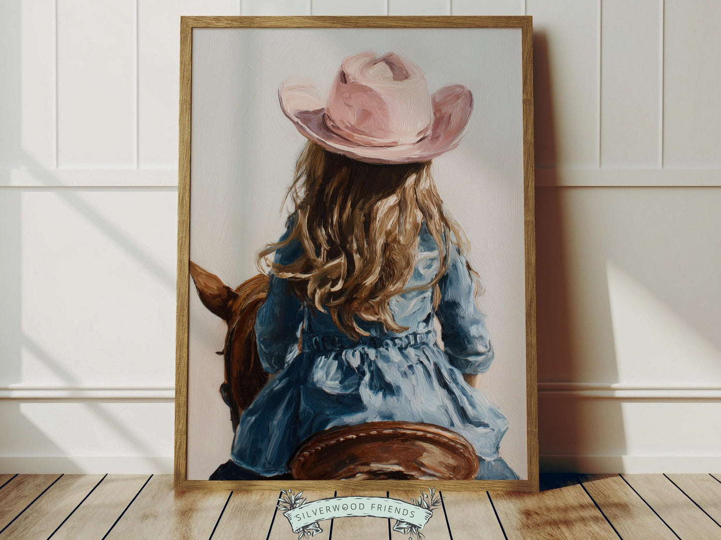 Create a calm and heartfelt space with this western cowgirl wall art print, featuring a gentle moment between a young brown-haired cowgirl riding her brown horse, illustrated in a soft oil painting style with warm, rustic tones. This beautiful artwork captures connection, strength, and quiet grace, making it a timeless piece that brings warmth and character to any room.
