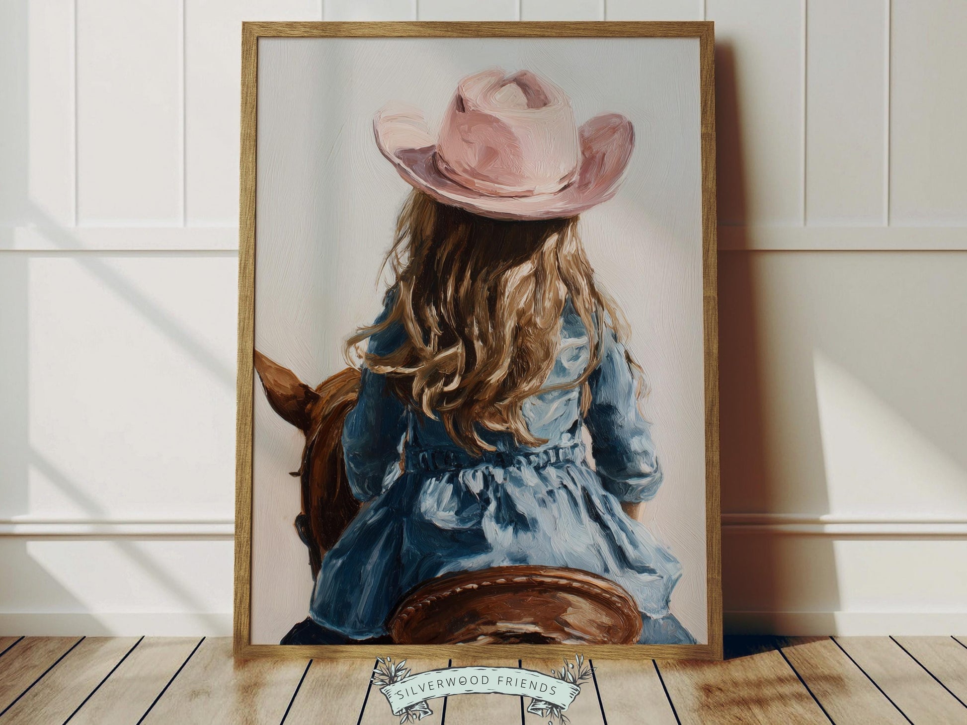 Create a calm and heartfelt space with this western cowgirl wall art print, featuring a gentle moment between a young brown-haired cowgirl riding her brown horse, illustrated in a soft oil painting style with warm, rustic tones. This beautiful artwork captures connection, strength, and quiet grace, making it a timeless piece that brings warmth and character to any room.