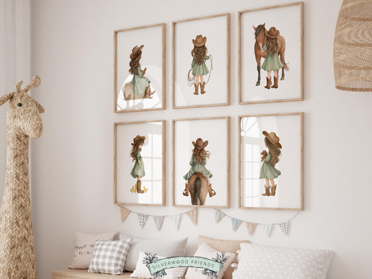 Create a sweet and whimsical space with this western cowgirl nursery wall art set, featuring a collection of beautifully illustrated cowgirl moments in a soft watercolor style with warm, rustic tones, sage green accents, and gentle, feminine details. This instantly downloadable set captures charm, imagination, and connection, making it a timeless addition to any nursery, bedroom, or playroom while bringing a soft, storybook feel to your home.