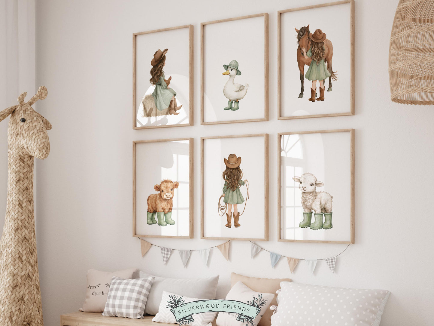 Create a sweet and whimsical space with this sage green western nursery wall art set, a beautifully coordinated collection of cowgirl and farm animal watercolor prints perfect for a girl nursery, farmhouse kids room, or western-themed bedroom decor. Featuring soft, rustic tones, sage green accents, and charming details like horses, lambs, ducks, and highland cows, this printable wall art set brings a warm, storybook feel to your space while making a timeless addition