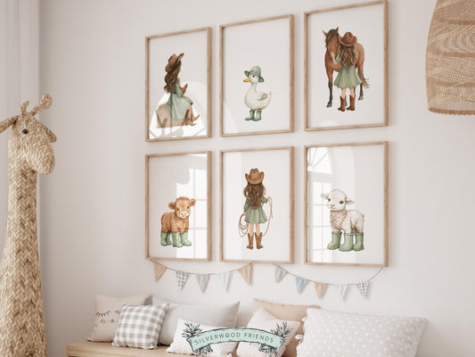 Create a sweet and whimsical space with this sage green western nursery wall art set, a beautifully coordinated collection of cowgirl and farm animal watercolor prints perfect for a girl nursery, farmhouse kids room, or western-themed bedroom decor. Featuring soft, rustic tones, sage green accents, and charming details like horses, lambs, ducks, and highland cows, this printable wall art set brings a warm, storybook feel to your space while making a timeless addition