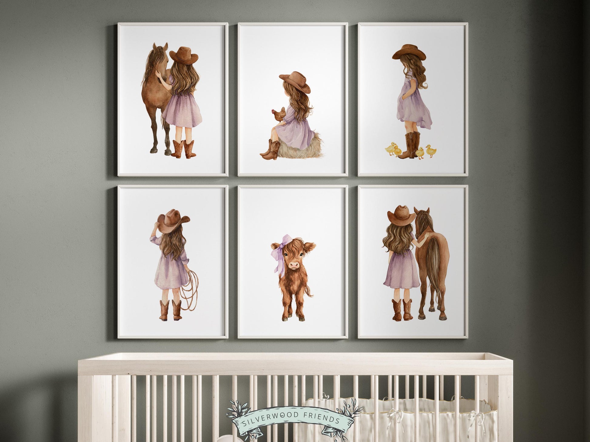 Cowgirl Nursery Prints, Highland Cow Nursery Decor, Baby Girl Purple Western Nursery Decor, Baby Farm Animal Nursery Wall Art DIGITAL PRINTS